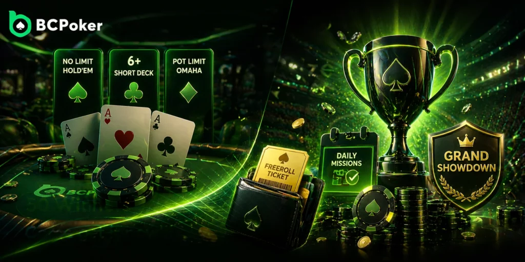 BC Poker cash games and tournament formats with poker chips, cards and trophy in panoramic casino banner