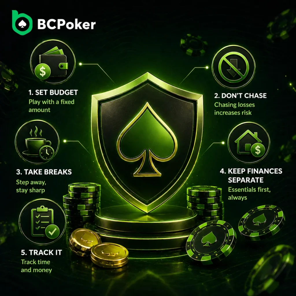 BC Poker responsible play infographic with budget control, session limits and security shield visuals
