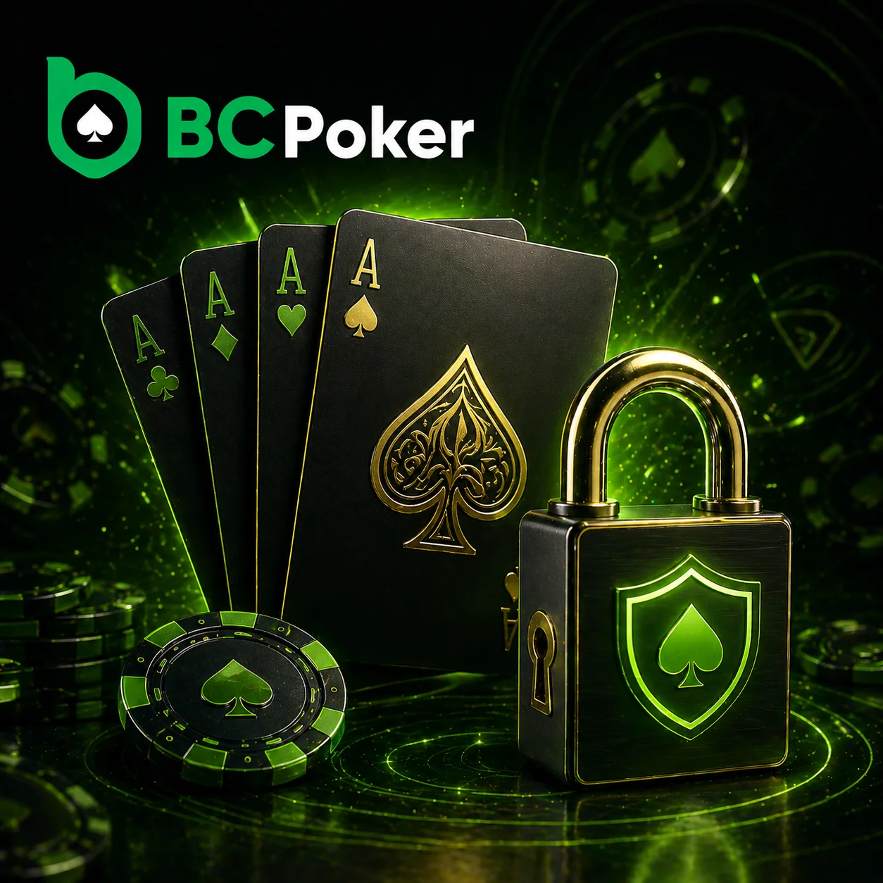 BC Poker security concept with playing cards, lock and poker chip in green casino style