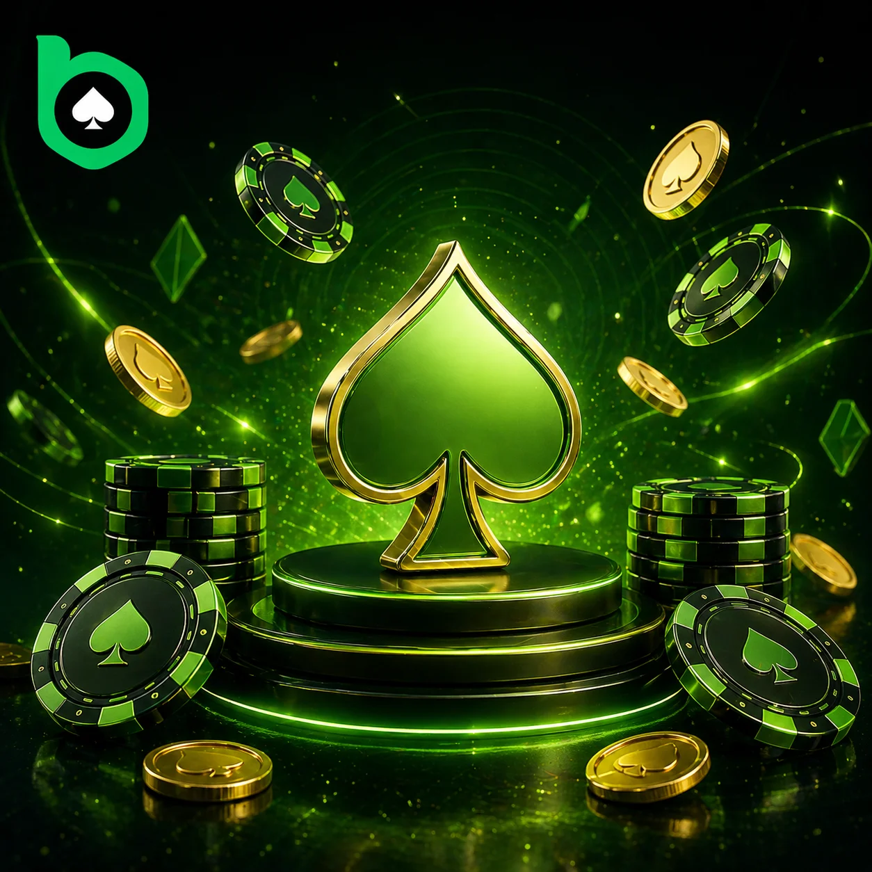 BC Poker homepage banner with poker chips, coins and green spade logo in casino style