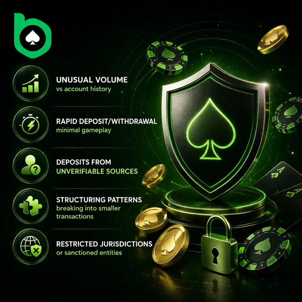 BC Poker suspicious activity indicators with security shield, chips and monitoring system visuals