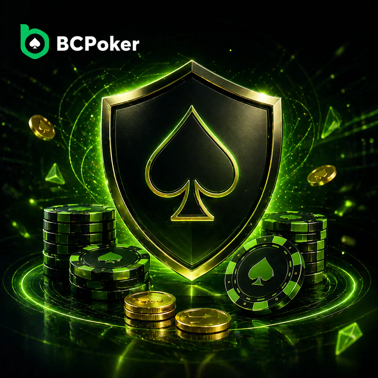 BC Poker security shield with poker chips and coins in neon green casino style
