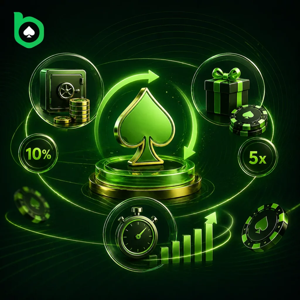 BC Poker bonus unlock system with rake progress, percentages and poker chip graphics